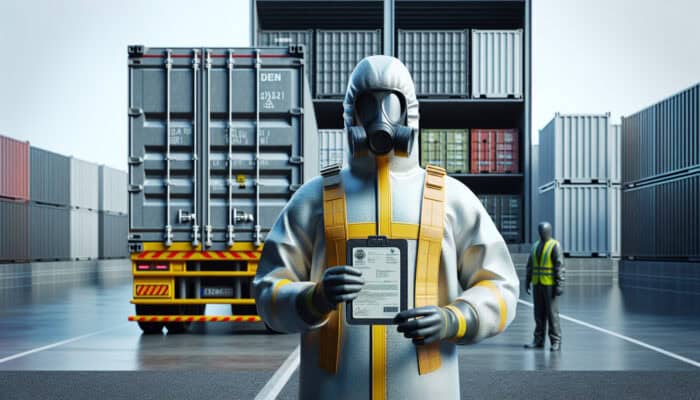 Person in protective gear with license beside truck, managing hazardous waste safely and legally.