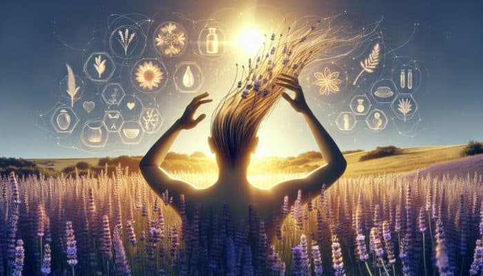 A person applying lavender oil to their scalp in a serene lavender field, symbolising hair growth and vitality.