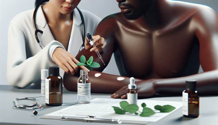 A glass bottle of peppermint oil with dropper and carrier oil, dermatologist conducting patch test on arm.