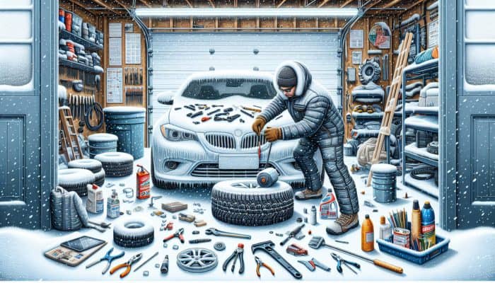 A mechanic winterizing a car in a snowy garage, adding antifreeze and checking tire chains.