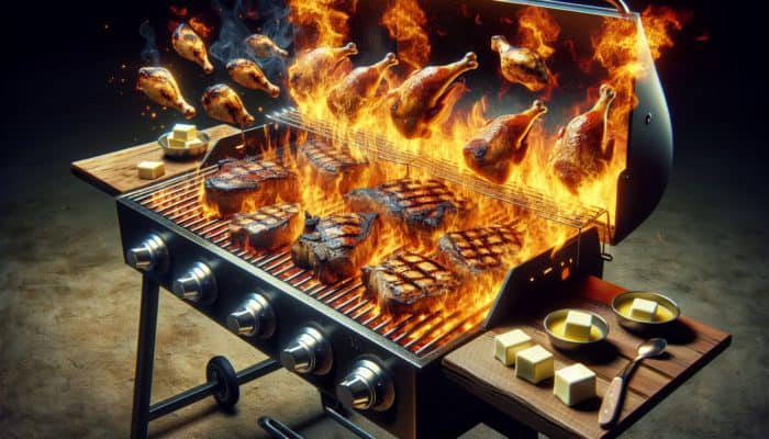Using Ghee for High-Heat BBQ Cooking: A barbecue grill with ghee dripping onto flames, steaks and chicken searing with a golden, nutty aroma.