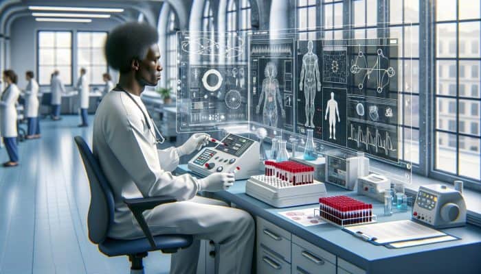 A healthcare professional in Newport conducting a precise blood test with advanced technology.