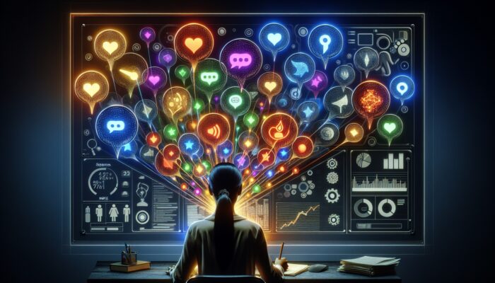 A person analysing user feedback bubbles on a digital interface, distinguishing valuable insights from noise.