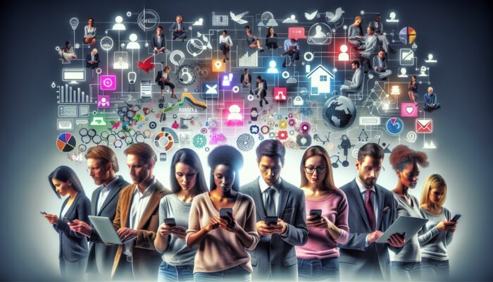 A diverse group analyzing rental service feedback from websites and social media, using devices and viewing data visualizations.