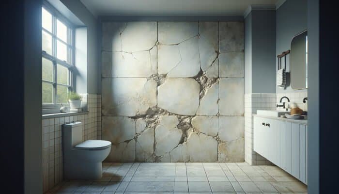 Dull, faded bathroom grout with calcium and magnesium stains, cracks, and discoloration from hard water.