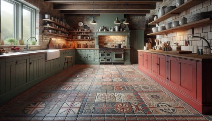 A rustic British kitchen with unglazed red and grey quarry tiles on the floor, blending traditional and modern styles.