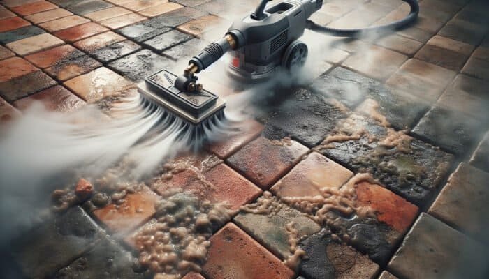 High-pressure steam cleaner removing dirt from quarry tiles, revealing their natural colors and textures.