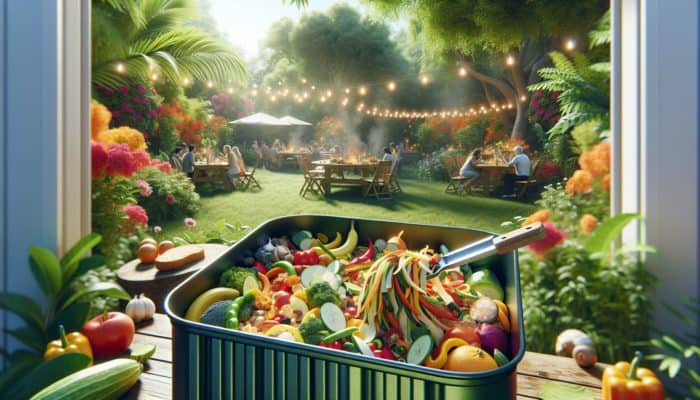 A vibrant backyard BBQ with a compost bin full of colourful vegetable and fruit scraps, surrounded by lush greenery.