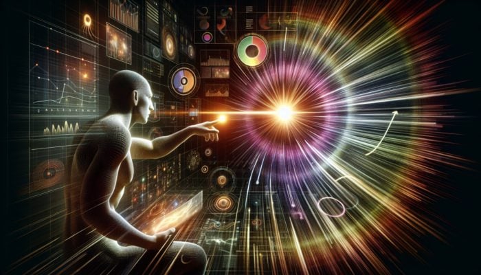 Person captivated by a colourful narrative on a screen, with rising engagement metrics and search rankings.