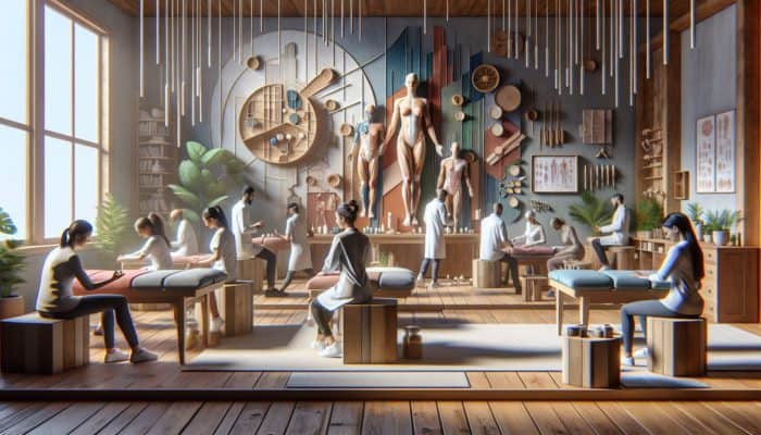 A modern UK acupuncture clinic with diverse patients seeking knee pain relief, blending traditional and contemporary decor.