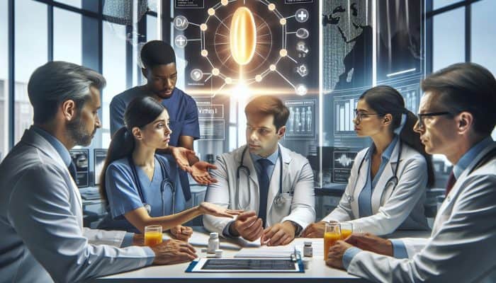 Diverse healthcare professionals in Birmingham consulting a patient on vitamin D testing in a modern setting.