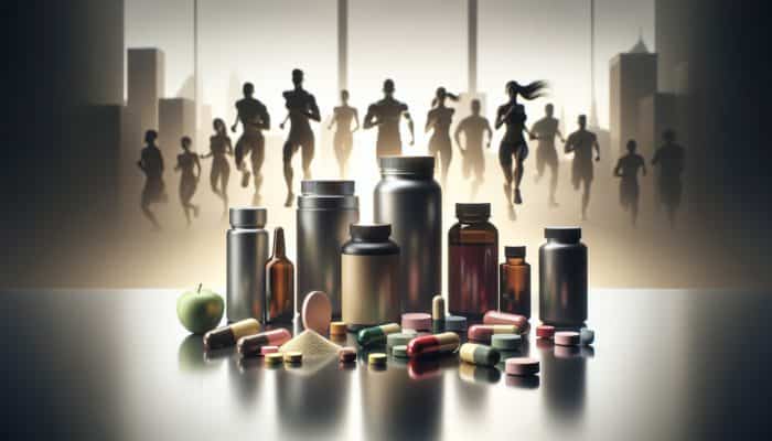 A diverse selection of caffeine supplements including capsules, tablets, and powders, with energized individuals in the background.