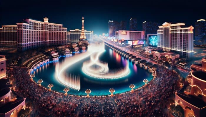 Enjoying Las Vegas Entertainment on a Budget: The Bellagio Fountains showcasing a spectacular water dance at night on the Las Vegas Strip.