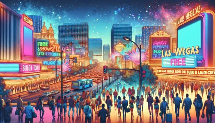 The Las Vegas Strip at night, with budget-conscious travellers enjoying affordable entertainment and vibrant neon lights.
