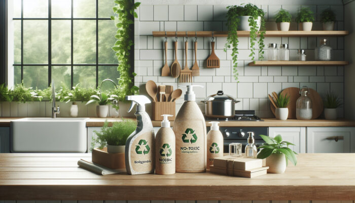 Eco-friendly cleaning products on a kitchen countertop with plants, promoting a greener home.