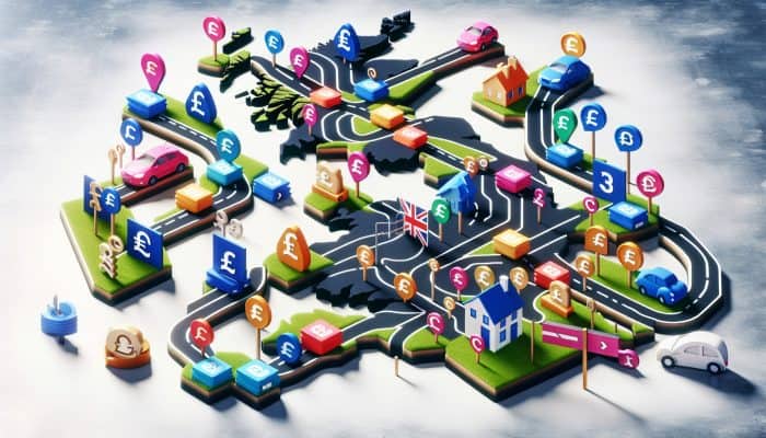 How to Consolidate Debt Across State Lines: A Guide | DCL A UK map showing various debt consolidation loan options with paths and signposts indicating unique benefits and tailored solutions.