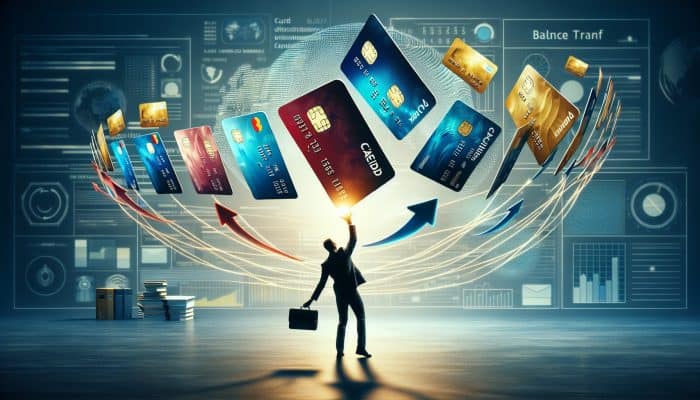 How to Consolidate Debt Across State Lines: A Guide | DCL Person juggling credit cards, transferring balances to a new card with lower interest in an office.