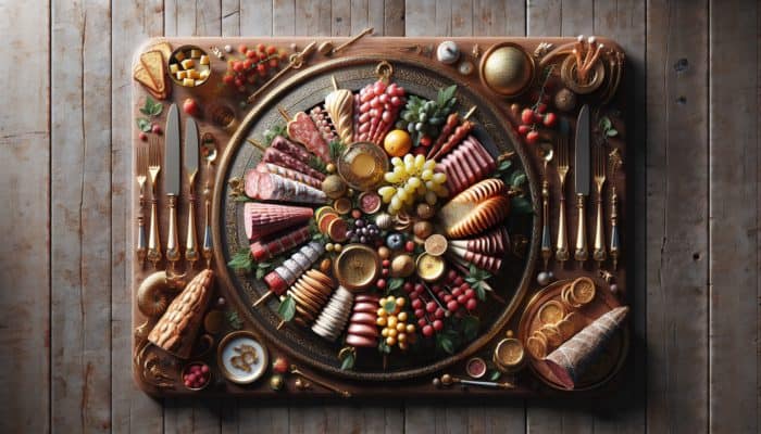 A luxurious charcuterie board with vibrant, artfully arranged cured meats on a rustic wooden table.