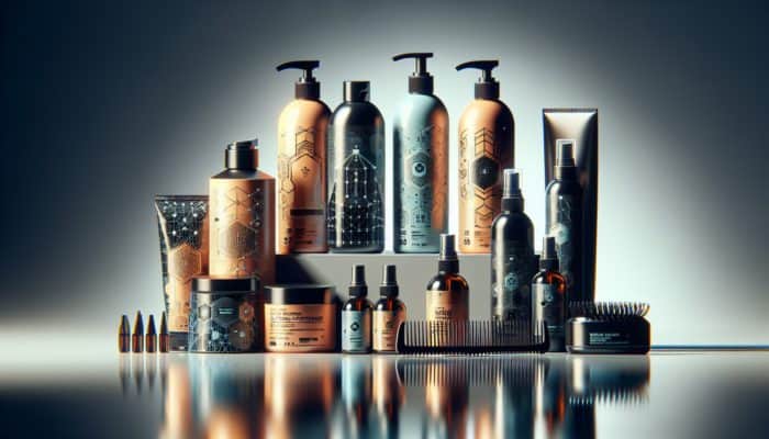 A collection of hair styling products on a modern bathroom counter.