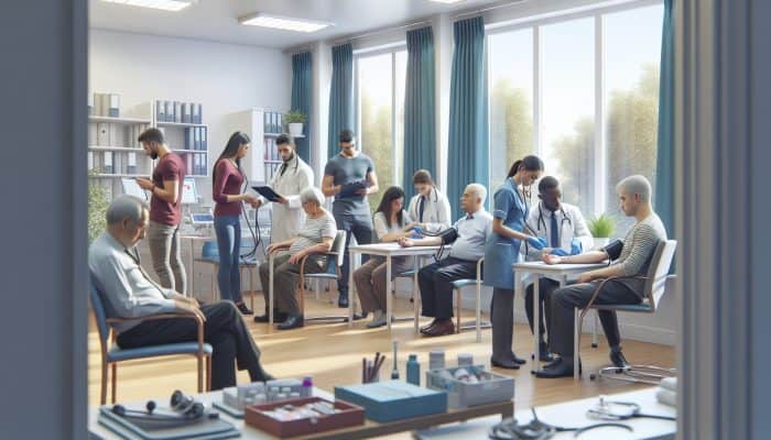 A diverse group at a serene clinic in Kidsgrove getting blood tests for early health management.