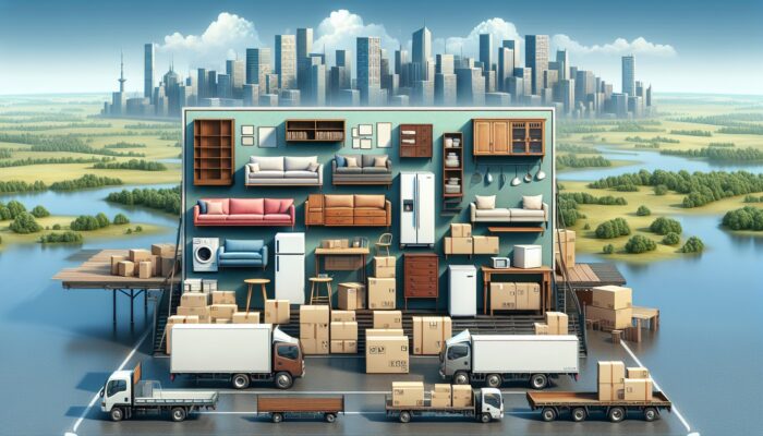 Furniture, appliances, and boxes loaded into different pickup trucks, urban and rural settings with varied terrains.