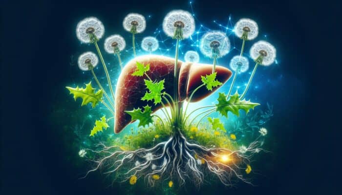 Illustration of milk thistle and dandelion plants intertwined, symbolising liver health and detoxification.