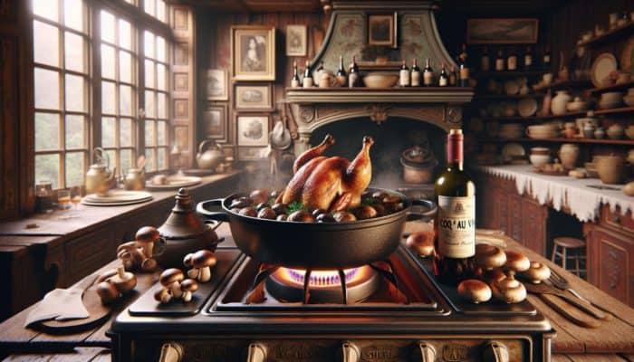 How to Cook a Classic French Coq au Vin: Coq au vin simmering in a rustic French kitchen with free-range chicken, Burgundy wine, and fresh cremini mushrooms.