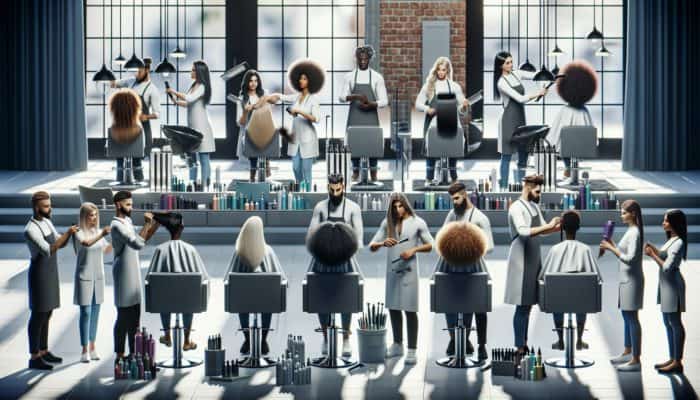 Diverse hairstylists showcasing care techniques for various hair textures in a modern salon.
