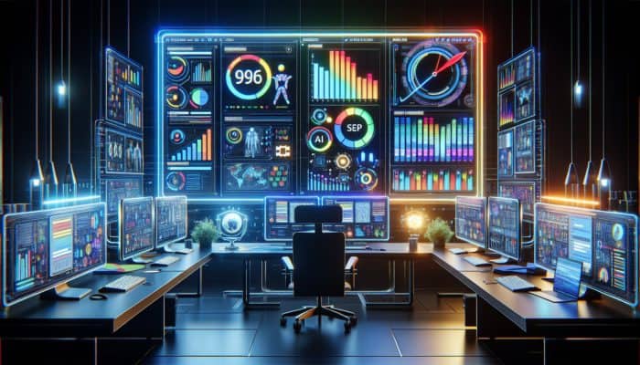A futuristic dashboard displaying AI-enhanced SERP analysis with graphs and charts in a contemporary office.