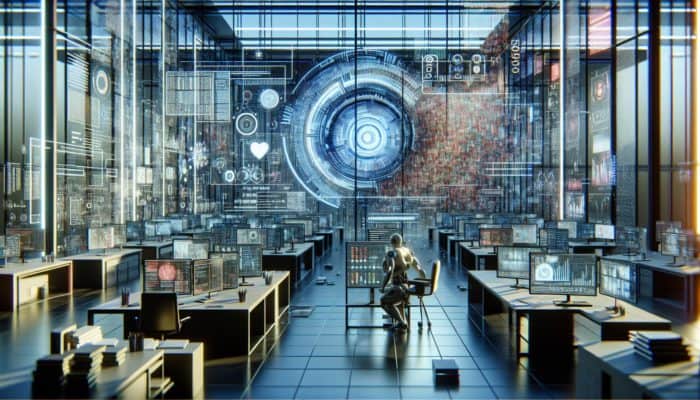 AI in a futuristic lab analysing SERP data, illustrating biases in graphs and struggling with human emotions and cultural contexts.