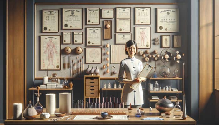 Legal Aspects of Acupuncture Practice: A serene acupuncture clinic with a certified practitioner and traditional and modern equipment.
