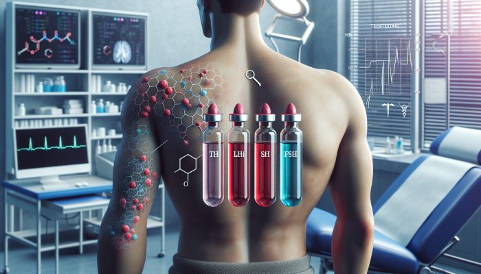 A male patient undergoing a blood test for testosterone, LH, and FSH, with hormone level charts.