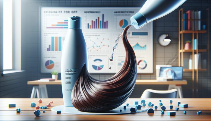 Bottle of leave-in conditioner nourishing vibrant, moisturized hair, suitable for all types.