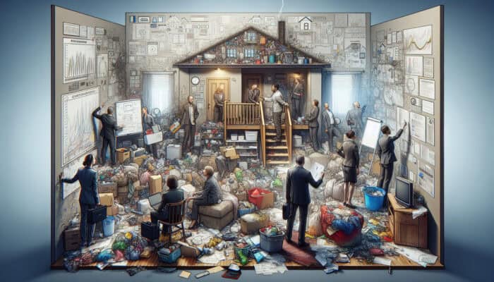 A team planning the clearance of a cluttered home, showing empathy and respect.