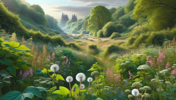 Creating Herbal Elixirs at Home: UK countryside with blooming nettles, dandelions, and elderflowers amidst hedgerows and woodlands.