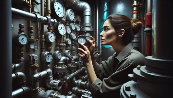 A technician inspecting a backflow device with tools in a utility room, documentation nearby.
