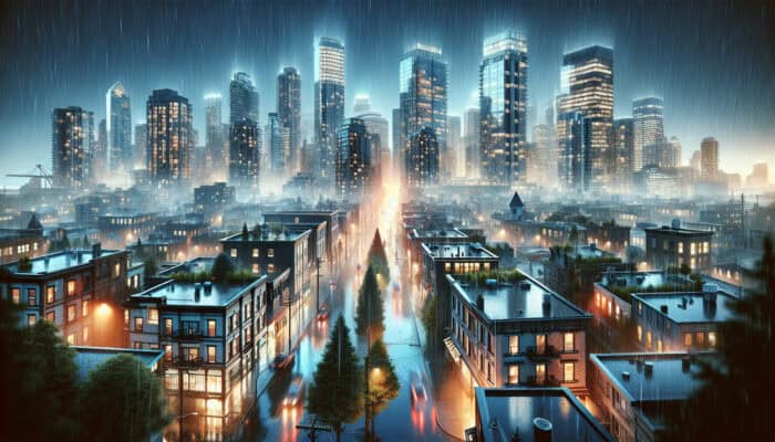 Drainage Repair Services in Yaletown: A bustling Yaletown scene with effective drainage systems managing heavy rainfall, enhancing community health and property values.