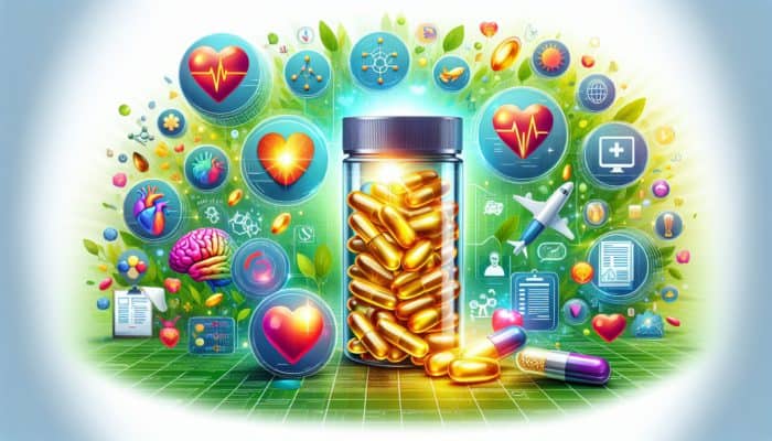 Omega-3 and Fatty Acid Intake: Illustration of omega-3 capsules with heart, brain, and anti-inflammatory icons in a green, healthy environment.