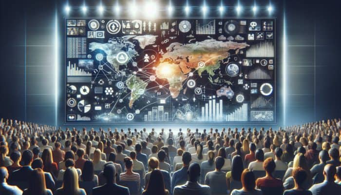 Digital content spreading across screens, vibrant graphs showing increased visibility and engagement, global audience consuming information.