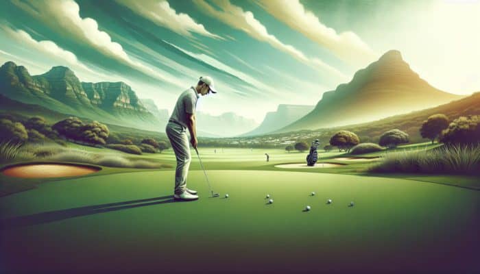 A South African golfer practicing putting and chipping on a lush green course, surrounded by vibrant landscapes.