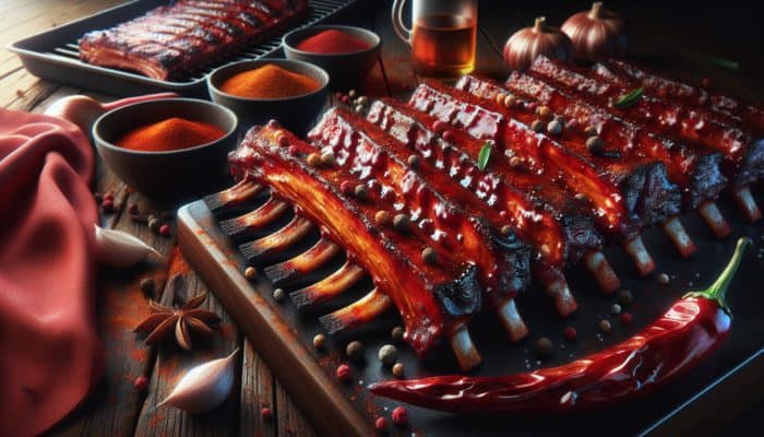 Top Spices for BBQ Pork Ribs: Close-up of BBQ pork ribs with rich, red paprika glaze on an American BBQ grill.