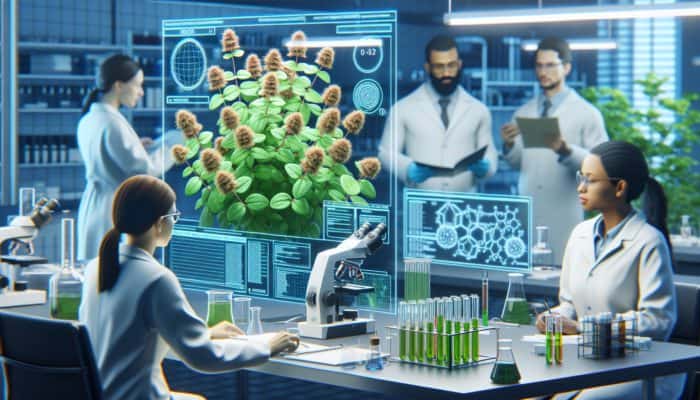 Illustration of oregano plants with antibacterial properties, researchers analyzing data in a lab.