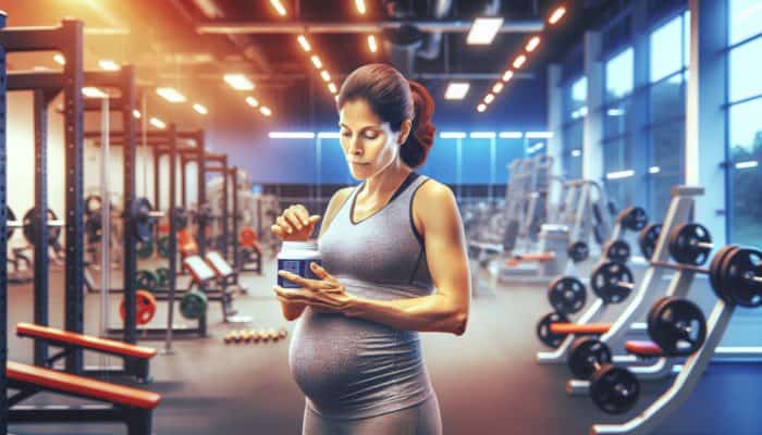 A pregnant athlete reading supplement labels in a gym, concerned for her and her unborn child's health.