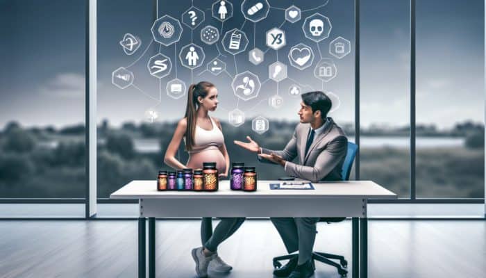 A pregnant athlete discussing safe supplement use with a healthcare provider in a clinic, with charts and supplements on the table.