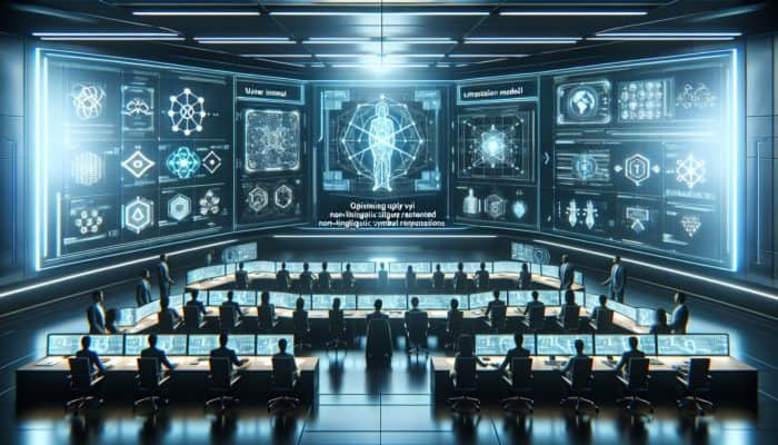 A futuristic control room with experts analysing AI algorithms and optimizing holographic user intent models.