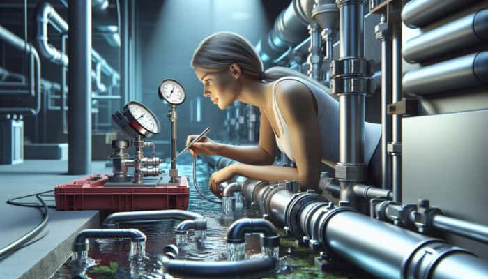 Certified technician testing backflow prevention devices, ensuring water supply safety.