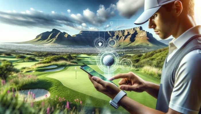 South African golfer utilising an app on course with Table Mountain, enhancing gameplay with customised routines.