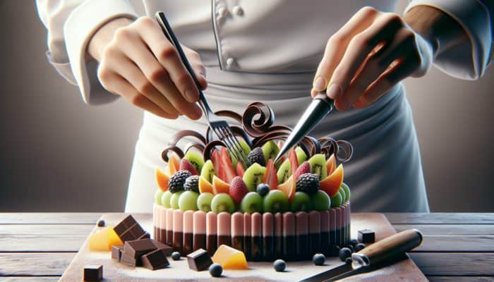 A chef's hands arranging colourful fruit and chocolate on a chilled dessert for an eye-catching garnish.