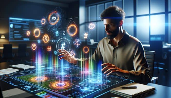 A digital marketing expert evaluating trending hashtags on a futuristic screen displaying SEO graphs and colourful data visualisations in a modern office.