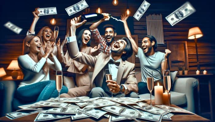 How to Track Debt Consolidation Progress: UK Guide | DCL Person celebrating debt milestone with champagne, surrounded by paid bills and cheering friends in cozy living room.